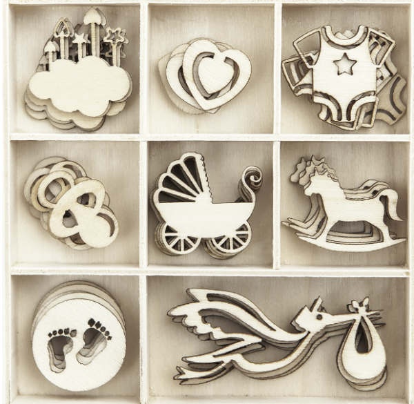 Drewniane kształty z drewna z motywami na Baby Shower - SweetPrint.pl