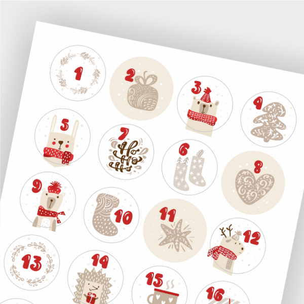 Delikatne naklejki adwentowe w naturalnych kolorach - do kalendarza adwentowego - SweetPrint.pl