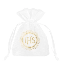Woreczek z organzy  IHS biało - złoty