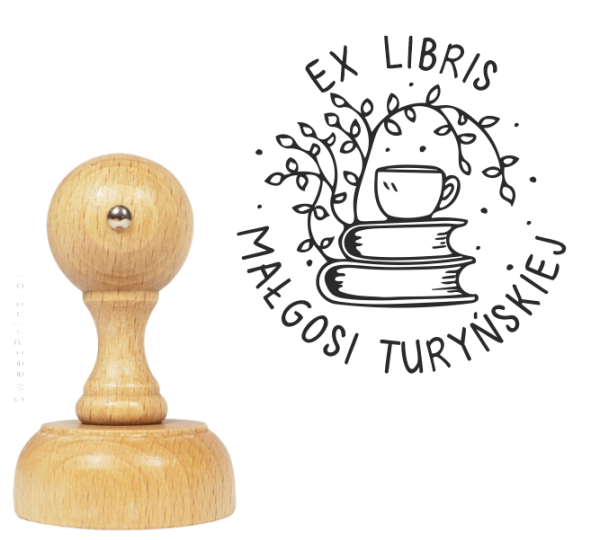 Stempel exlibris PRZY KAWIE – stempel z filiżanką i książkami