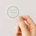 Spersonalizowane transparentne naklejki ślubne z mionami Pary Młodej. Idealne na zaproszenia, prezenty i dekoracje weselne.  SweetPrint.pl
