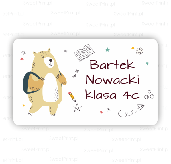 Personalizowane naklejki szkolne na podręczniki i  zeszyty /  z misiem - SweetPrint.pl