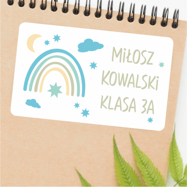 Naklejki szkolne  z imieniem i nazwiskiem - na podręczniki i  zeszyty - naklejki z tęczą  - SweetPrint.pl
