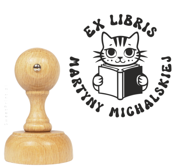 Personalizowany stempel exlibris z motywem kota i książki - SweetPrint.pl