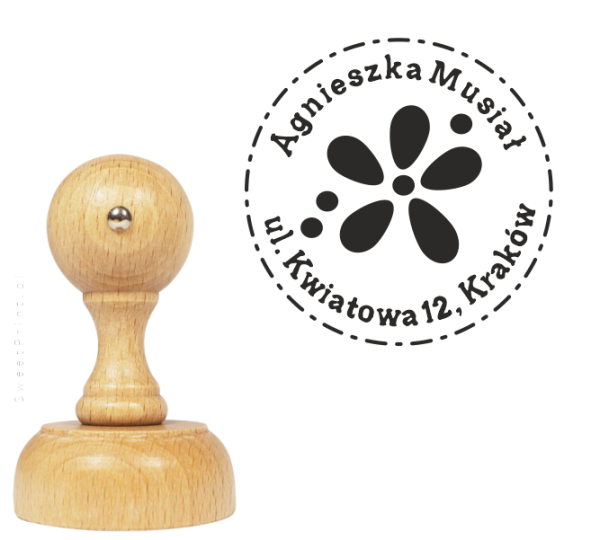 personalizowana pieczątka z własnym napisem - z motywem kwiatka - SweetPrint.pl