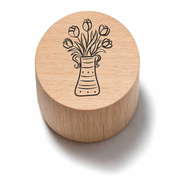 Stempel wielkanocny z wazonem z tulipanami  -  drewniana pieczątka do kartek i dekoracji DIY.