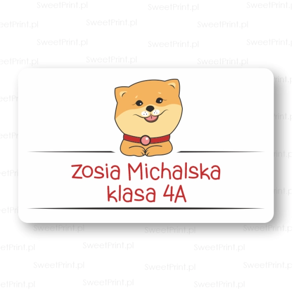Naklejka na zeszyt z pieskiem, imieniem i nazwiskiem dziecka oraz klasą