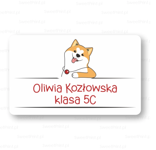Naklejka na zeszyt z akitą, imieniem i nazwiskiem dziecka oraz klasą