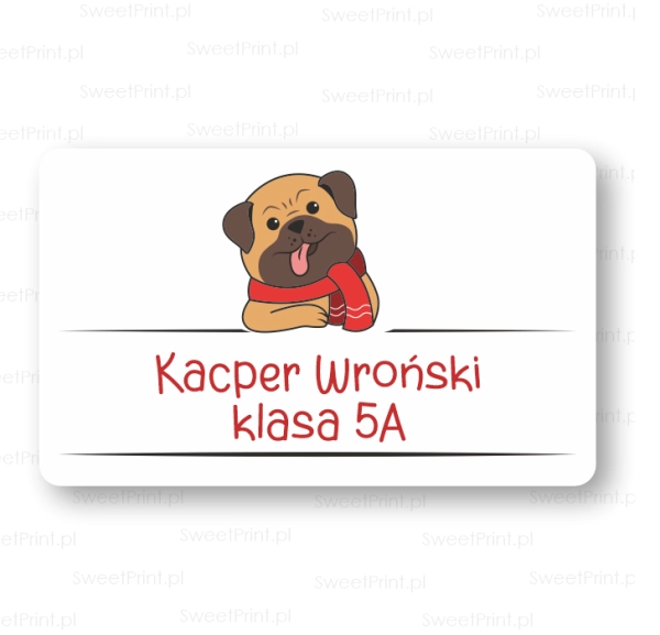 Naklejka na zeszyt z mopsem, imieniem i nazwiskiem dziecka oraz klasą