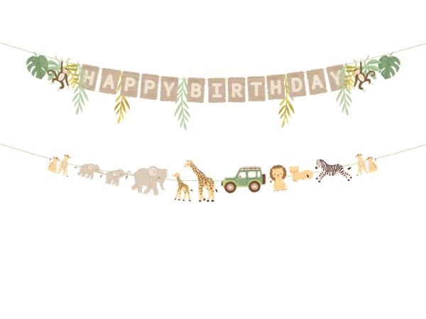 dwuczęściowy baner urodzinowy safari - napis Happy Birthday i girlanda ze zwierzątkami