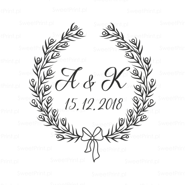 stempel ślubny z inicjałami i wiankiem z liści
