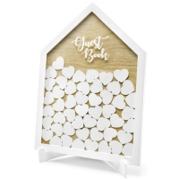 Drewniana księga gości w kształcie domu - z  serduszkami do wrzucania