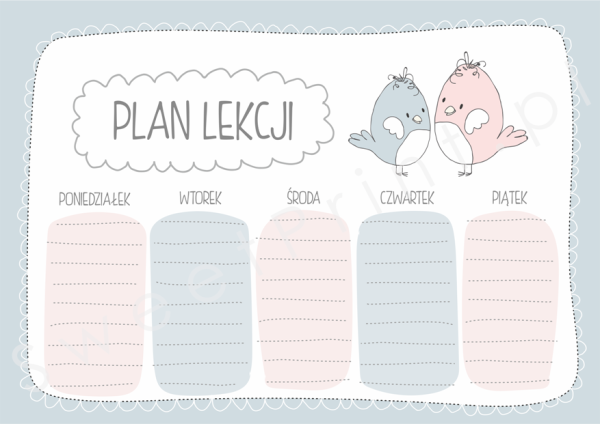 plan lekcji do druku PTASZKI - pastelowy PDF A4