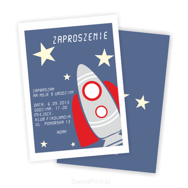 zaproszenie urodzinowe z rakietą - kosmos - SweetPrint.pl
