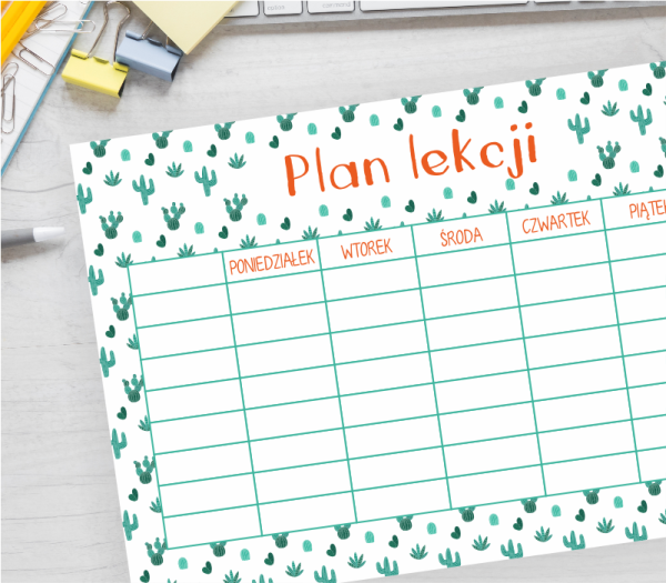plan lekcji do druku KAKTUSY - pomarańczowy tytuł PDF A4