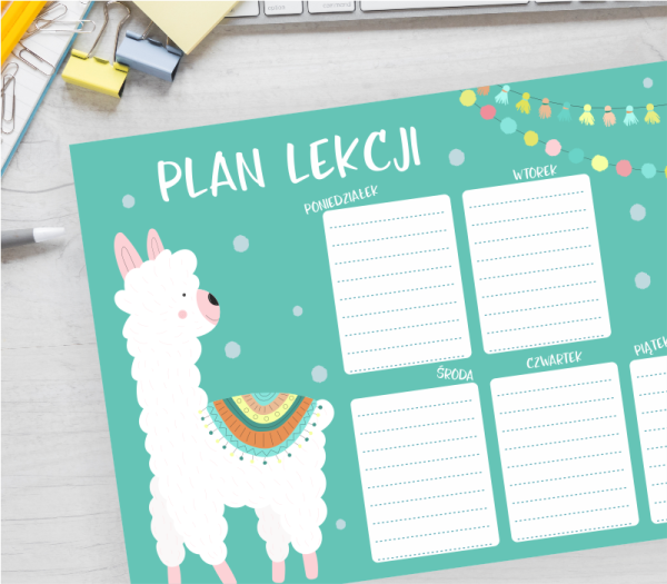 plan lekcji do druku LAMA - kolorowe tło PDF A4