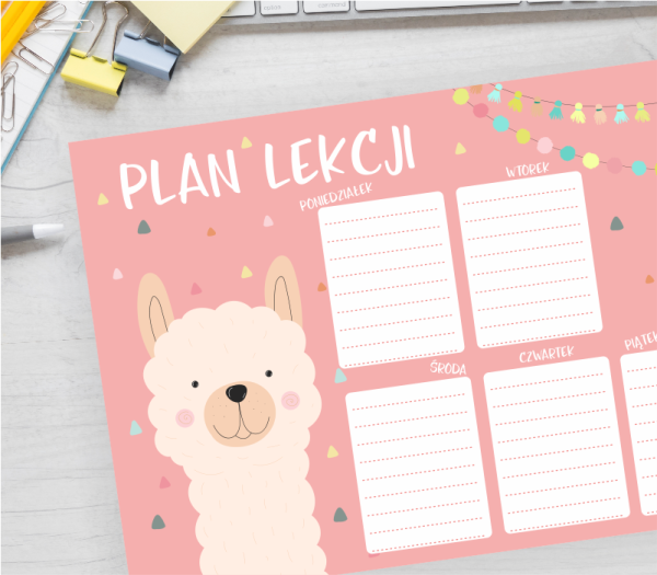plan lekcji do druku LAMA - pastelowe barwy PDF A4
