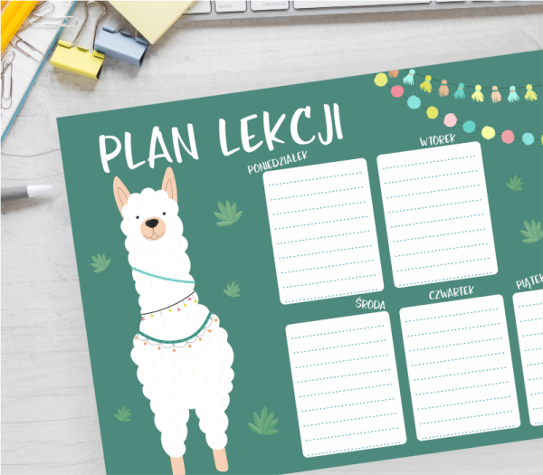 plan lekcji do druku LAMA - białe tło kolorowe akcenty PDF