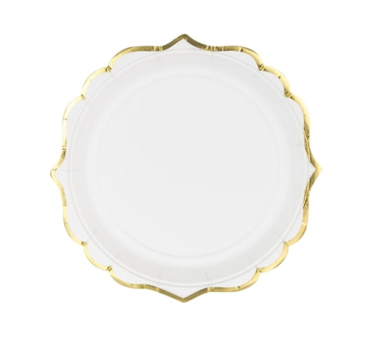 Papierowe talerzyki w kolorze białym ze złotymi brzegami - SweetPrint.pl