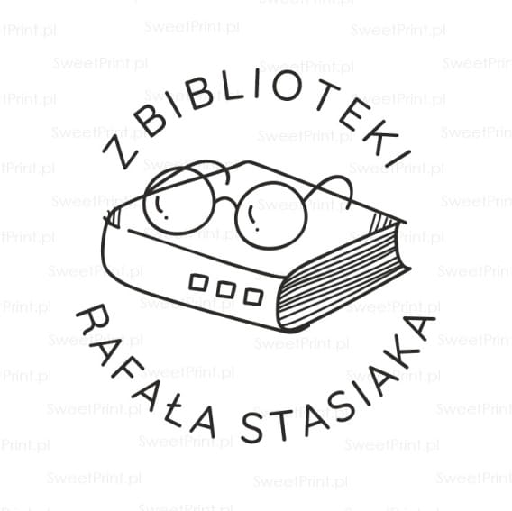 Personalizowany stempel exlibris z motywem książki i okularów - SweetPrint.pl