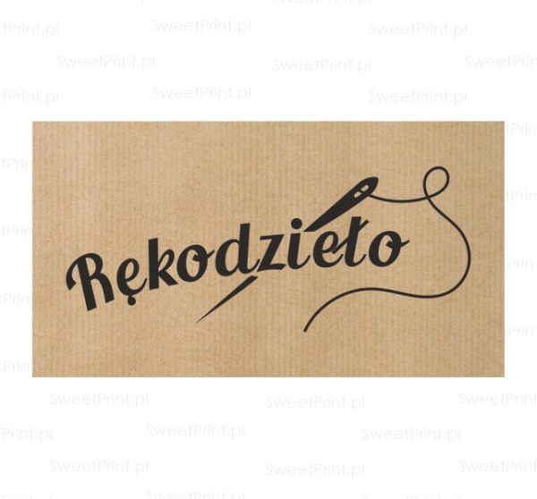 Naklejki z papieru kraft w stylu eko z napisem RĘKODZIEŁO i motywem igły do szycia - SweetPrint.pl