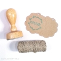 Stempel z napisem homemade i ozdobną ramką / sznurek lniany brązowoszary / eko etykietki kwiatki / zielony tusz do stempli