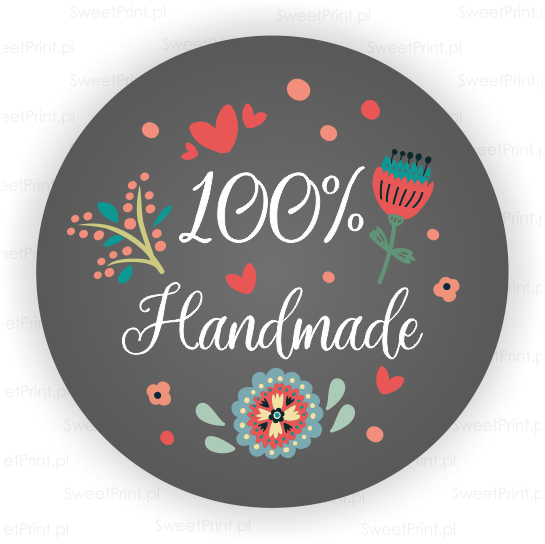 NG008.pngKomplet  naklejek ciemnym tłem, kwiatowym motywem oraz napisem "100% Handmade"
