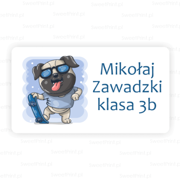 Personalizowane naklejki szkolne z imieniem i nazwiskiem dziecka /  z pieskiem i deskorolką - SweetPrint.pl