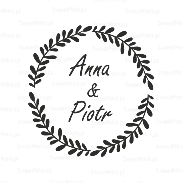 personalizowany stempel  ślubny z wiankiem z liści i imionami