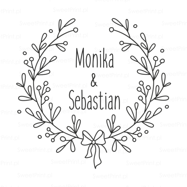 pieczątka na ślub z wiankiem z gałązek i kokardką