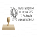 drewniana pieczątka adresowa z nazwą firmy