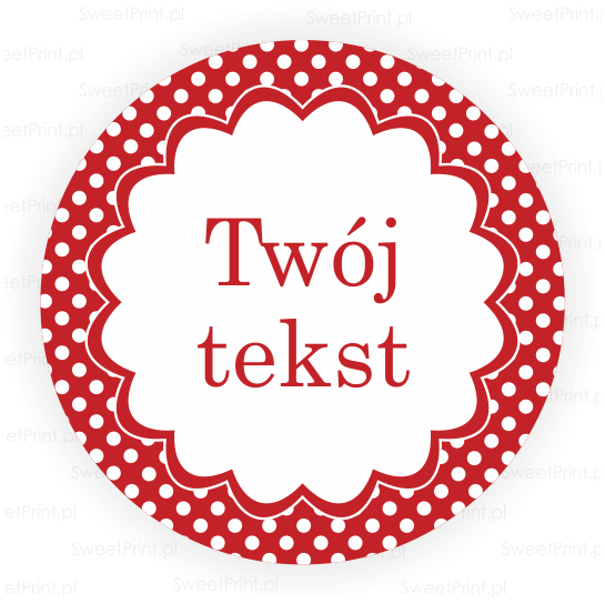 czerwone naklejki w białe kropeczki w własnym napisem
